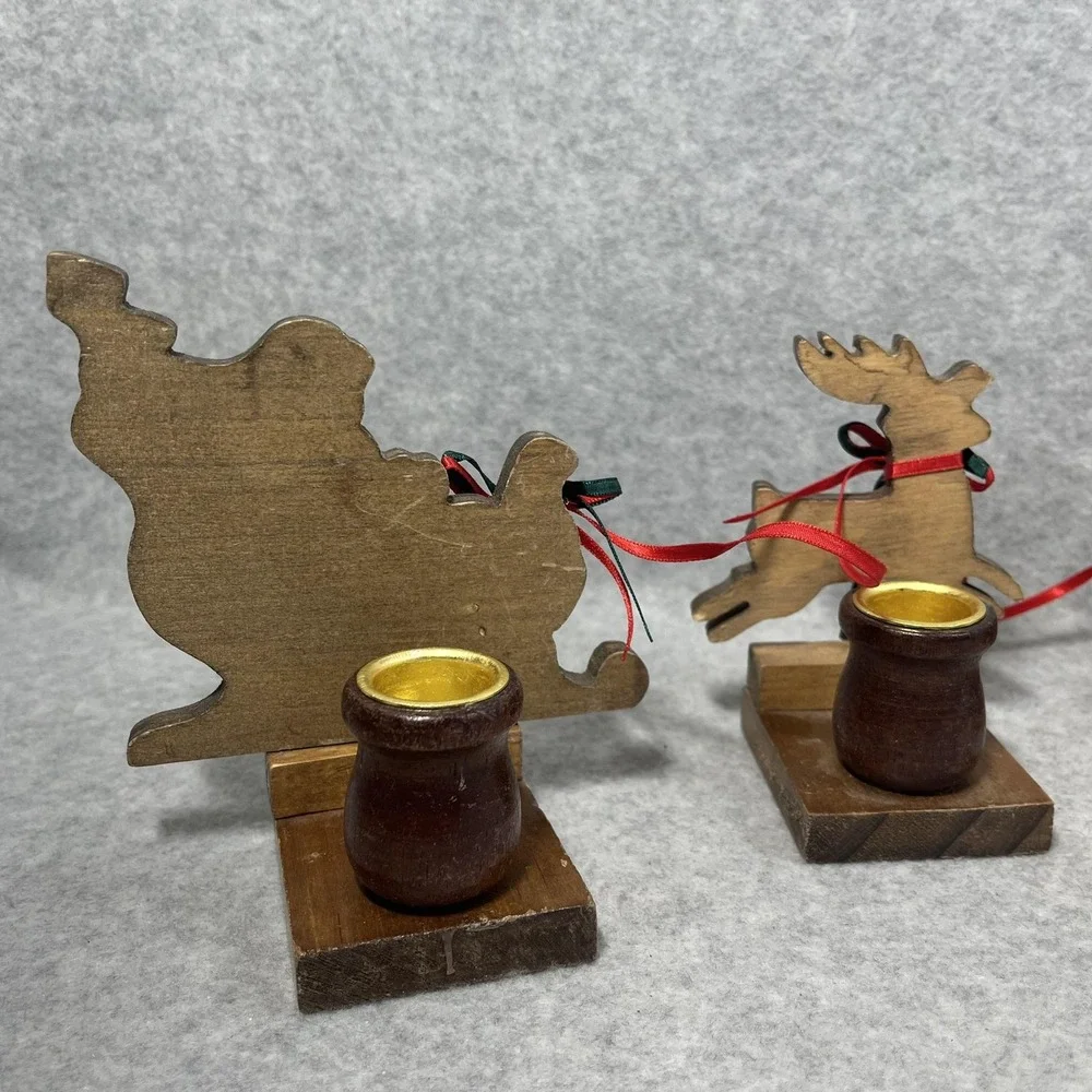 Vintage Christmas Around the World Wood Sleigh Reindeer Taper Candle Holders Set